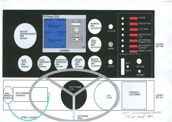 Nyt design på instrumentbord - Indbygning af GPS og kompas i den eksisterende instrumentplade. 
Leget lidt med et tegneprogram som er ret nyttgt ved placeringer inden der skæres ud i pladen. billede 2