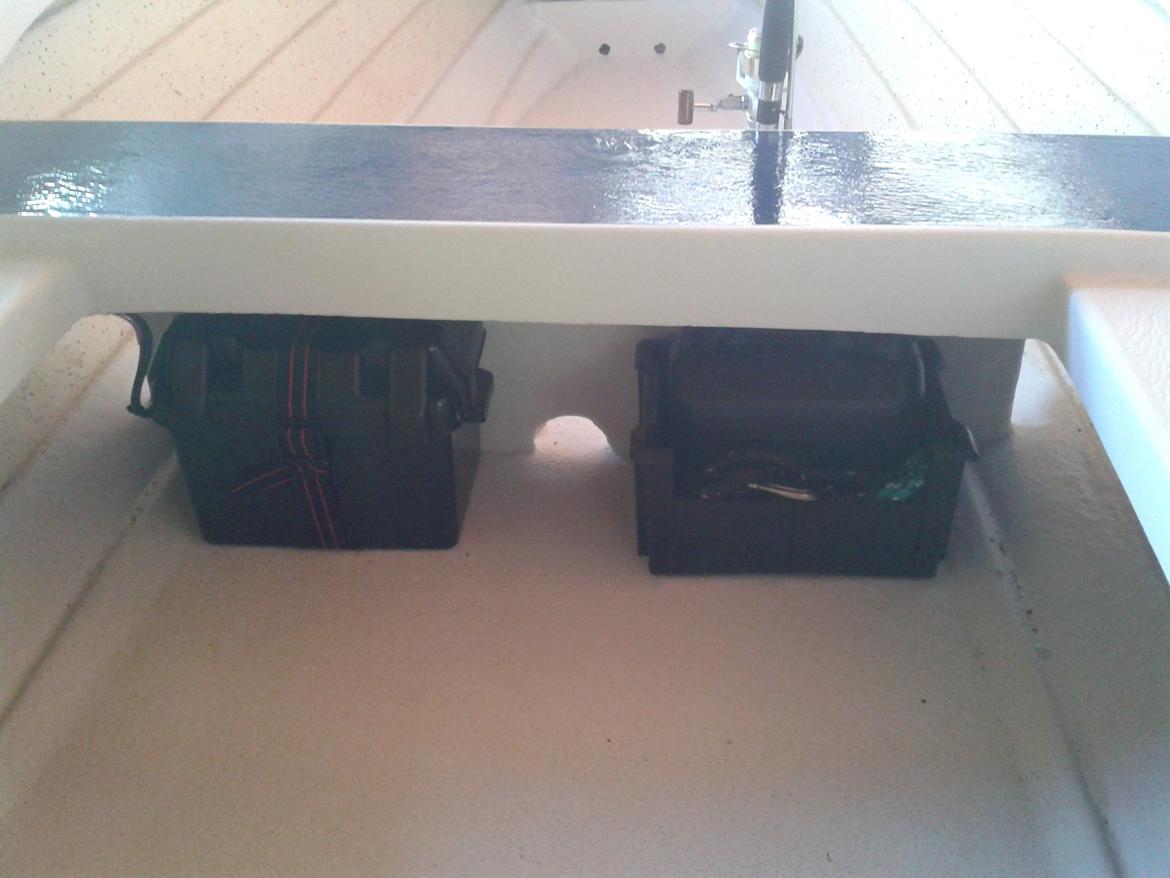 Poca 475 (Solgt) - Til venstre: Batteriinstallation.
Til højre: Kasse med reservedunk og fortøjning. billede 24