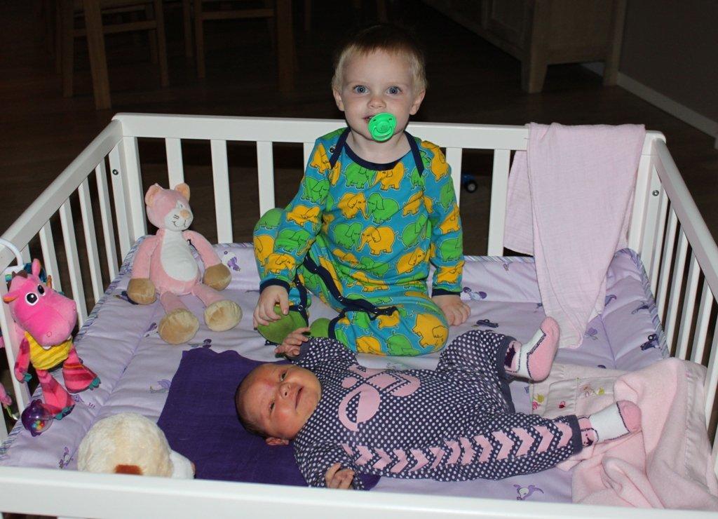 Pige Caroline - Caroline 6 dage gammel med hendes stolte storebror Mikkel på 26 måneder.
Han bad selv om at komme op og sidde sammen med hende i kravlegården.  billede 6