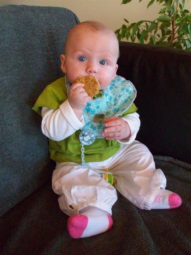 Pige Freya Elly Thorgaard - sidder oppe hos mormor og spiser Flap Jacks i sofaen... billede 17