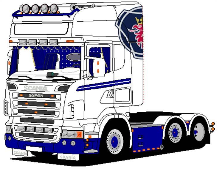 Paint tegninger af lastbiler - Har selv lavet indretningen på denne også, med hvude knapper, spejl, hvidt instrumentpanel. så har jeg sat scania logoet på siden samt lygterne i frontgitteret og opbygningen har jeg også lavet. billede 4