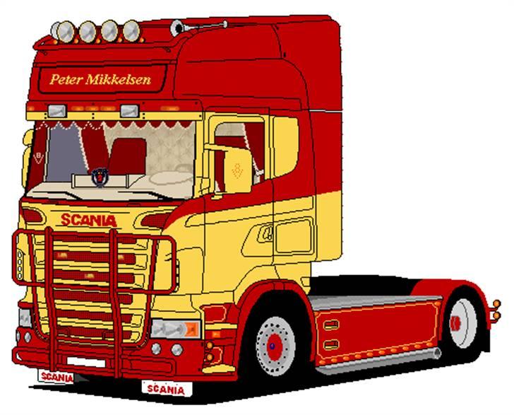 Paint tegninger af lastbiler - Den lastbil jeg første gang tegnede kængurugitteret på, det tog ca 2 timer at tegne det, og er også glad for resultater selv da, interiører er i denne lastbil som jeg fandt det på internettet for nogen år siden. som skrevet i teksten er tagbøjlen lavet om fra 5 lys til 4 lys, da jeg mener ulige antal lygter ser latterligt ud. opbygningen har jeg selv lavet og bagskærmet har jeg selv tegnet op og farve lagt da det før gik i et med skyggen. V8 logoet på stolpen og spejlet har jeg selv lavet. billede 13
