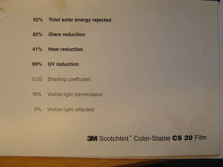 3M Solfilm til biler - Her er det info til den næst sorteste af solfilm og er CS 20 på samlet billede billede 5