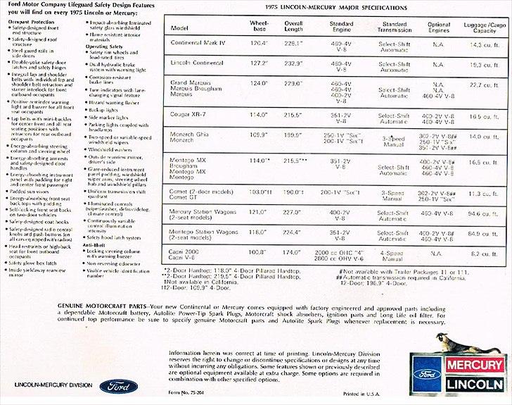 1975 Mercury Montego MX - Brochure specifikationer billede 4