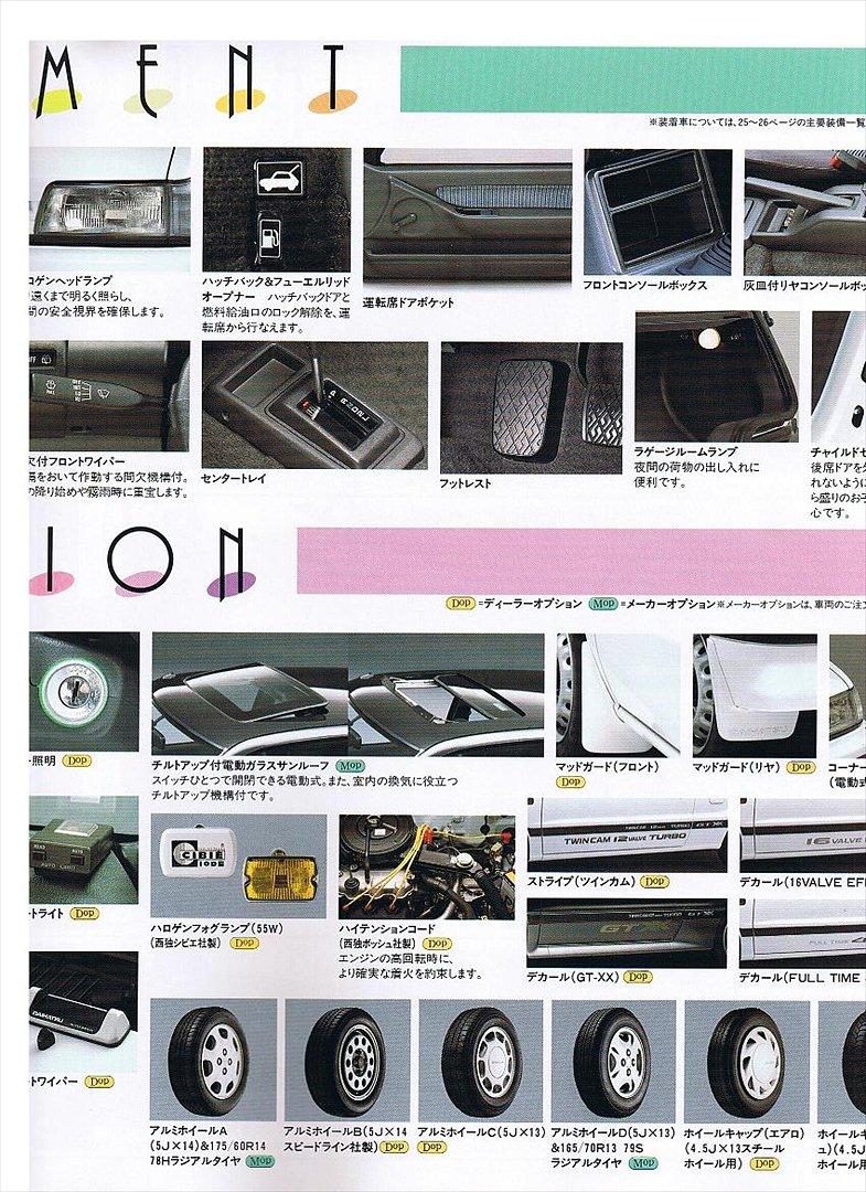 Daihatsu Charade Udstyr og Varianter - Her har vi så den originale udstyrs liste over Charaderne.
Den dækekr et utal af ting vi aldrig har set i DK og selv nogle som ikke engang er set ret ofte hverken i UK eller Japan selv.

Hvem havde troet man kunne få eks. justerbart rat! eller fuldautomatisk klima anlæg
Eller org. kop bakke til toppen af instrument bordet.
 billede 21