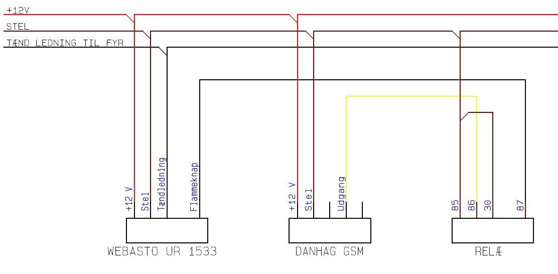 GSM styring af webasto fyr - Dette er diagrammet over hvordan jeg har lavet det i min bil. 
Der er loddet en ledning på i selve uret, når jeg ringer til gsm modulet bliver der sendt en 1 sekunderes +12V ud på den gule ledning (gsm modullet burde kunne sende en stel ud som skal bruges, men kunne jeg ikke få til at virke)
Denne impuls køre igennem et arbejdsrelæ for at blive omdannet til en 1 sekunderes stel impuls.
(DET ER MEGET VIGTIGT DETTE ER EN STEL, HVIS URET FÅR +12V BRÆNDER DET AF) billede 3