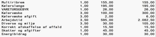 Regning på 3600kr for skift af multirem og kølerslange