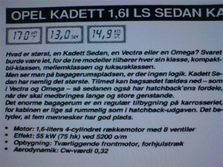 Opel Kadett E. Sedan. (SOLGT) - Info om bilen, tekst taget fra Bil Revyen 1990. Bilens nypris i 1990 var iøvrigt 153.353 kr. billede 18