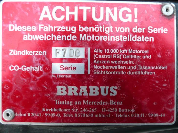 Mercedes Benz W124 - BRABUS 3.6-24 - BRABUS type skilt med deres disclaimer og advarsel om brug og vedligeholdelse af teknikken billede 11