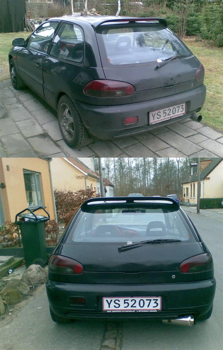 Mitsubishi Colt - før og efter billede :) .. fik lige tonet tågelygte, bremselys, sat anden bagpotte på, og slebet viskerarmen ned for rust, og malet den.. det begynder at pynte billede 14