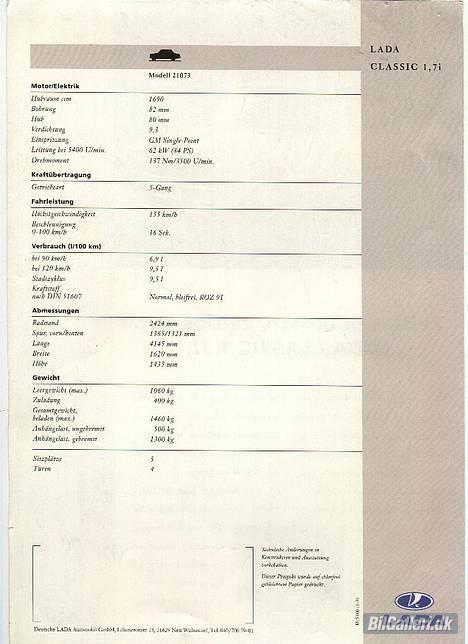 Lada 2105 - Tekniske data for Lada 21073 (1700i) billede 8