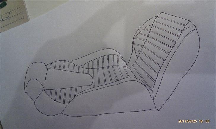 Seat Leon 2,0 TFSI  "SOLGT" - en lille hurtig hånd skitse af de nye sæder, I midten er det sort alkatara med hvide sygninger og i siderne er det ægte sort læder med hvide sygninger billede 10