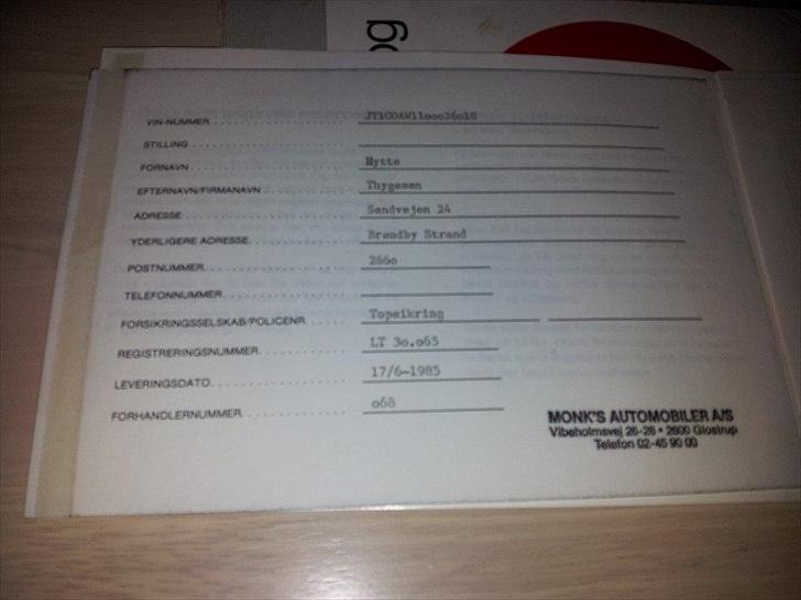 Toyota MR2 GT AW11 - Dåbsattest. Bilen står stadig med de originale nummerplader. billede 19
