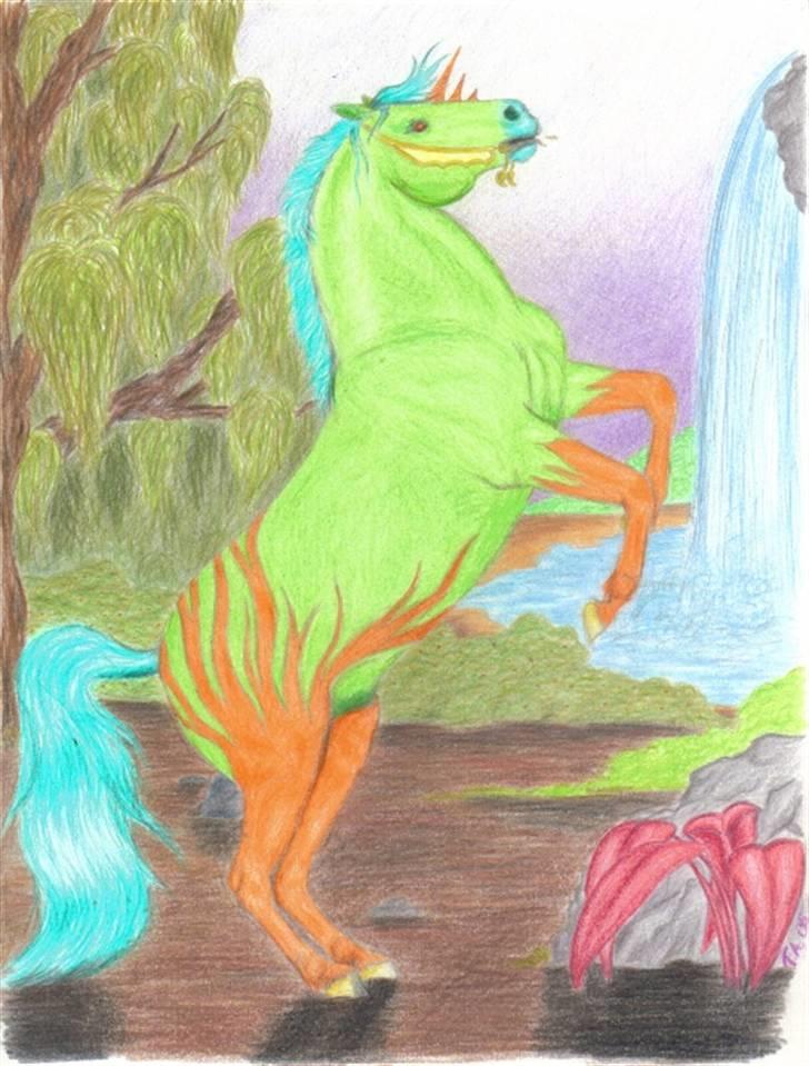 Mine tegninger... - En fantasy-tegning. Tog udgangspunkt i et billede af en Lippizaner der udfører levade. Resten er fri fantasi, også farverne ;oP Farveblyant. billede 22