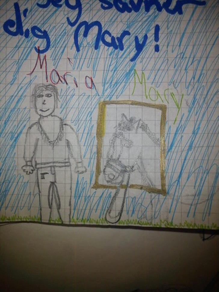 Mine tegninger(Grimme!) - Den her tegning har kostet mig mange tårer at lave!! :'( Jeg tegnede lige en tegning.. Af min smukke gamle pony, Mary!.. Tag jer ikke af, jeg er blevet tegnet tyk, er ike så god til at tegne mennesker.. ;s 
-Mary i miss you!! If I have you, I will be happy always!! But I lost you! But on day, you come back to me! 
Jeg håber dig & dit lille føl, har det super! Bare du aldrig bliver solgt! Er så ked af jeg har mistet kontakten med dine ejere! Ved bare du er et sted, tæt på grænsen!;s
Hun var mit liv! min lille prinsesse! ;/ billede 4
