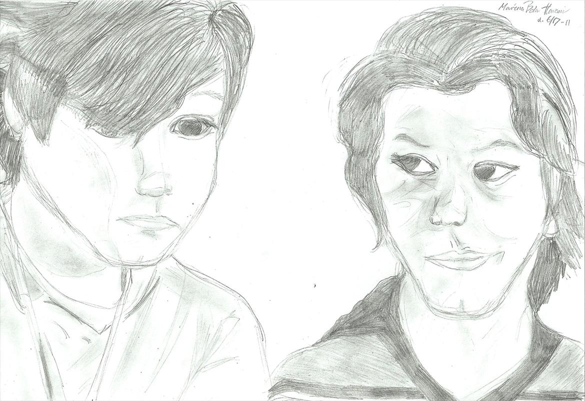 Tegninger :D   - Stor udfordring :O To mennesker på en gang :) Ham til højre (Nikolaj) har fået et reeet langt hoved kan jeg se nu :S xDD 
Tegnet onsdag den. 6. juli 2011 billede 308