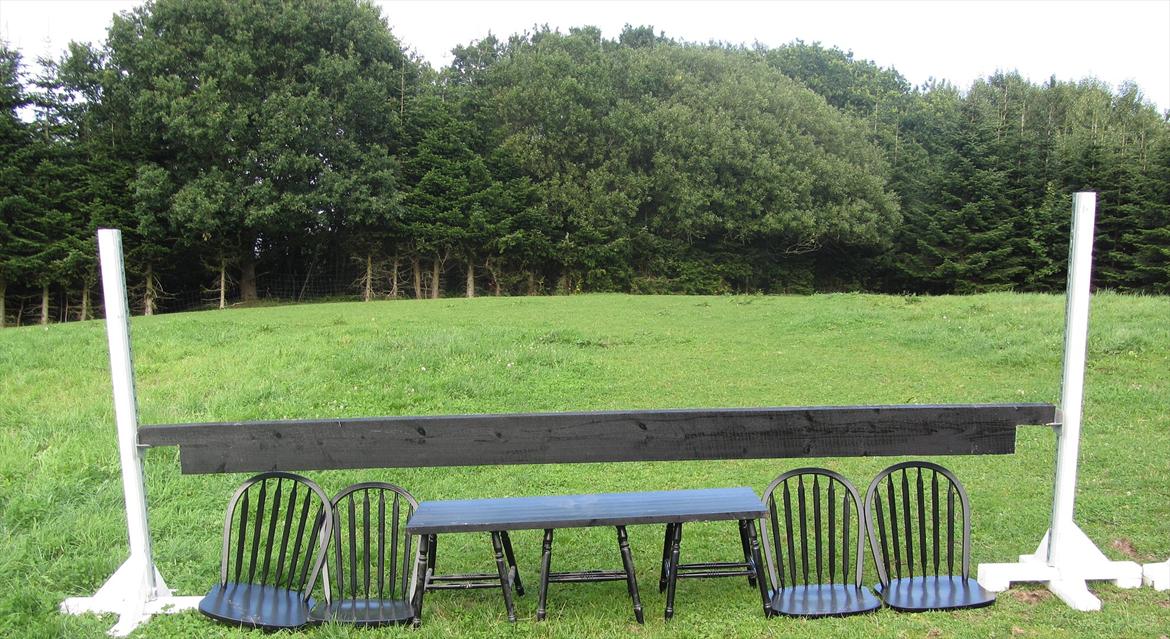 HJEMMEBYGGET SPRING - KIG KIG - 4 stole blev til et bord og hegn - et megafarligt spring pga. farven. Bliver så sjov at prøve.  billede 8