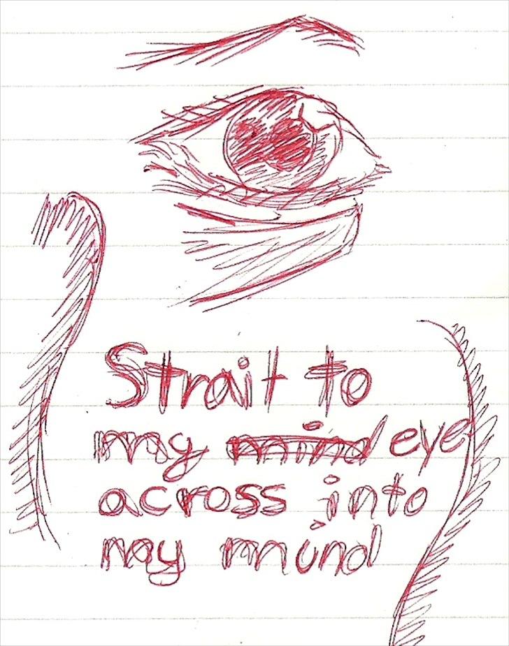 Tegninger :D   - Fra "øjesiden" :) - Frittegnet øje og lille tekst til :) Ombestemte mig liiiige så det er derfor noget er streget ud xD Det ville være tusind gange nememre med blyant men det havde jeg ikke :/ xD billede 213