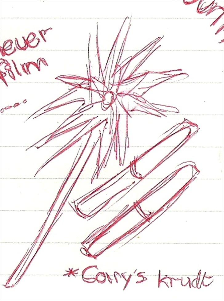 Tegninger :D   - Fra "super 8" siden :P - det skulle forestille fyrværkeri men ligner det overhovedet ikke I know xD
Det var fordi der var en dreng der var liiiiiidt for vild med eksplosioner og ild så han havde lavet sit eget fyrværkeri oO xD (i filmen altså :P) og han hed Cary... og det er derfor der står "Carys krudt":P
 billede 208