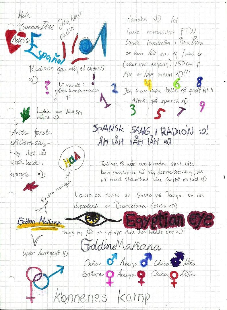 Tegninger :D   - Totaaaal alt mulig side fra i torsdags xD Dog mest om Spansk :P xD
Lavet torsdag d. 1. september 2011 billede 161