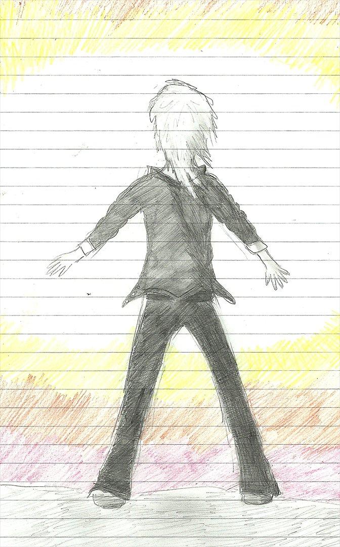 Tegninger :D   - "Jeg finder lyset i mit liv" kunne forteksten være :P xD Ej det er ingen rigtig mening med tegningen, men da jeg besluttede mig for at farve baggrunden så det flot ud på denne måde som om han stod tæt på en lyskilde, som solen eller en meget kraftig lampe på en scene xD :P 
Tegnet mandag d. 19. september 2011 billede 147