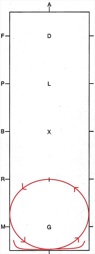LC1 program TEGNING - Volte, 20 m i diameter. 
I første ¼ af volten gives 
tøjlerne gradvis 
efter så der rides halsen - 
for længere tøjler.
I sidste ¼ af volten,
tages tøjlerne gradvis igen. billede 6