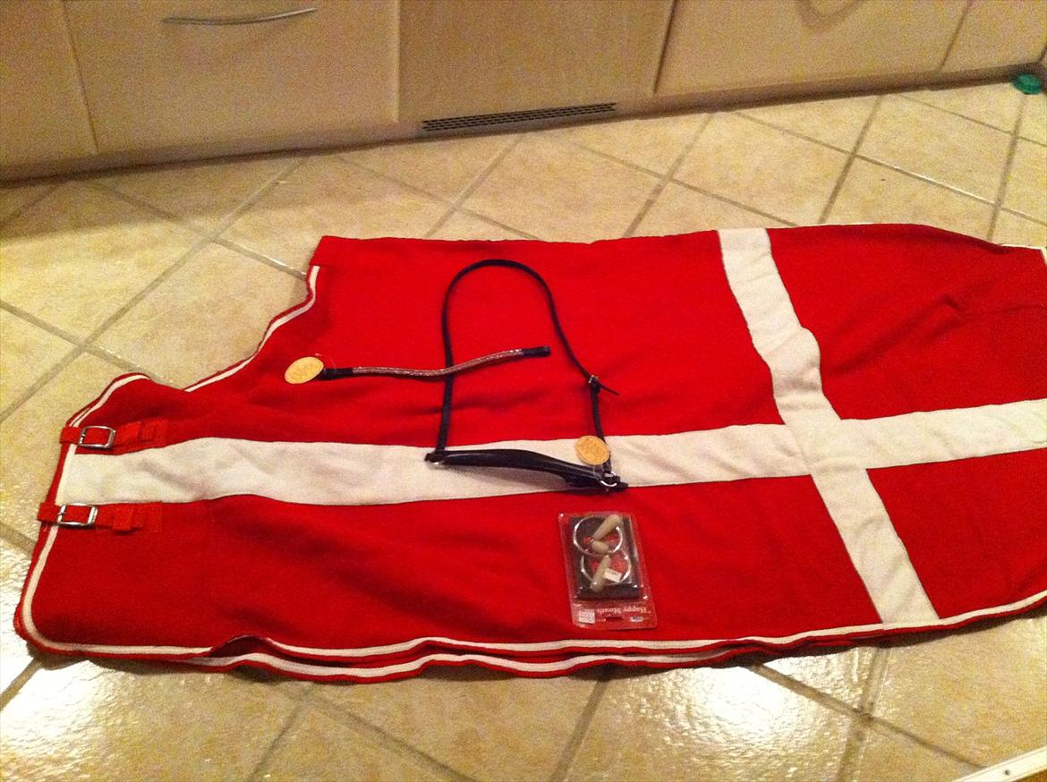 Lidt af udstyret ;P - Danmarkstæppe i fleece (ved at blive skrevet navn på)
Danmarkspandebånd i full, købt i herning 2012
ny hannaveransk næsebånd i full købi i herning 2012 billede 1