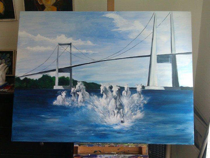 heste tegninger og malerier - en blanding af lillebæltsbroen og min levende heste fantasi 120x90 billede 9