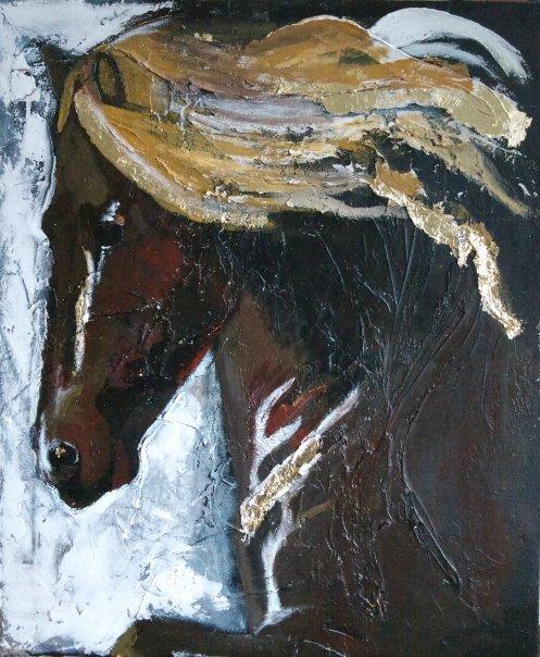 heste tegninger og malerier - islænder med guld man maleri 60x80 billede 11