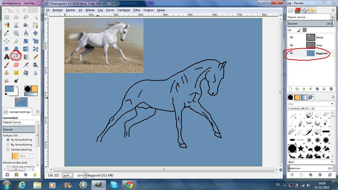 Tegn din hest på PC! - Hesten skal farves... I dette tilfælde er hestens grundfarve en nuance af hvid, så vi ville ikke kunne se hesten særlig godt, fordi baggrunden også er hvid. Farv derfor baggrunden en hvilken som helst farve. Det gør lige meget hvilken. 

OBS! Sørg for, at du farver på baggrundslaget! billede 5