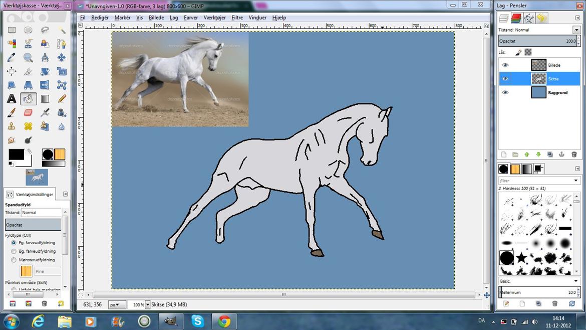 Tegn din hest på PC! - Så skal hesten farves! Men før du begynder, skal du lige sikre dig, at der ikke er nogen huller i din skitse. I min er der to huller, det er ved benene. Der sætter jeg to streger og farver hesten.
Farv også hovene. billede 6