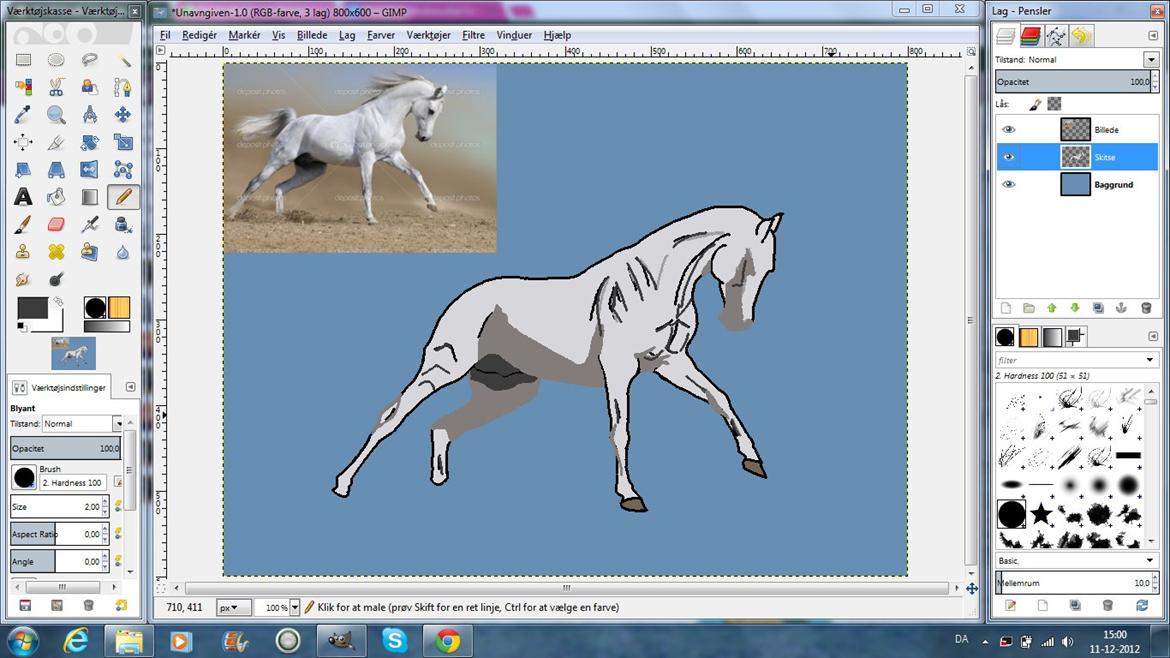 Tegn din hest på PC! - Muskler og skygger skal nu farves. Først skyggerne. 
Find en mørk nuance af grundfarven (eller vælg sort og gør den gennemsigtig). Farv så hvor skyggerne skal være. Lav endelig mange. Også i lidt lysere nuancer.

Vælg derefter en mørkere nuance (eller mindre gennemsigtigt sort) af grundfarven og marker muskler m.m. billede 7