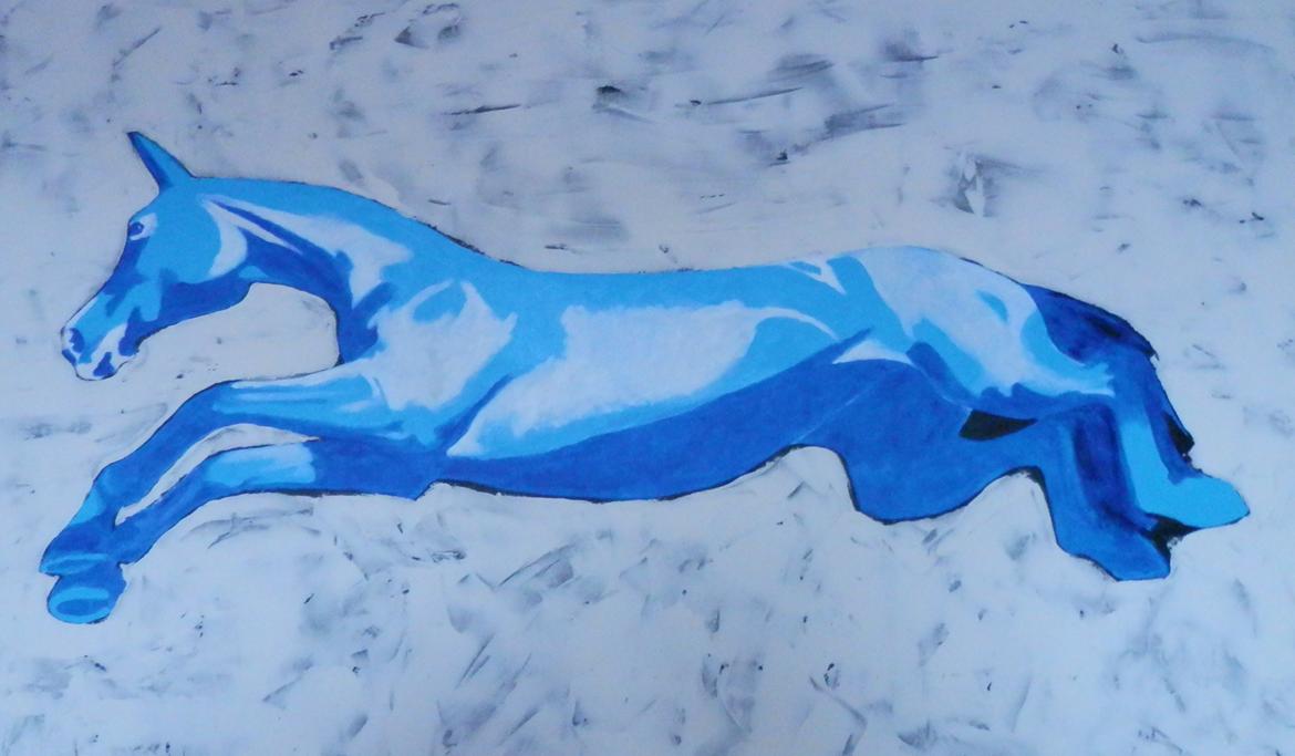 heste tegninger og malerier - den blå hest den springer over en vandgrav på det billed jeg har malet efter
 billede 16