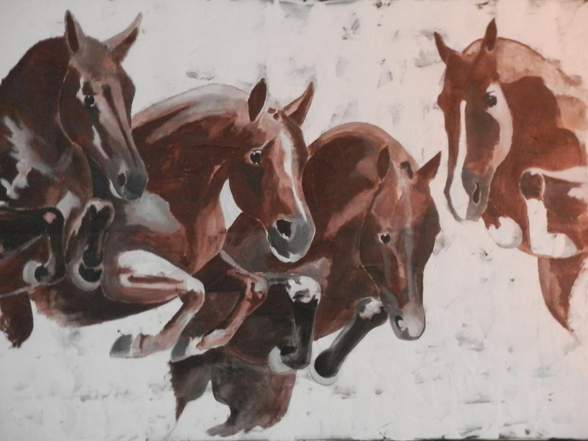 heste tegninger og malerier - de 4 springheste det er et stort maleri på 100x150cm  billede 22