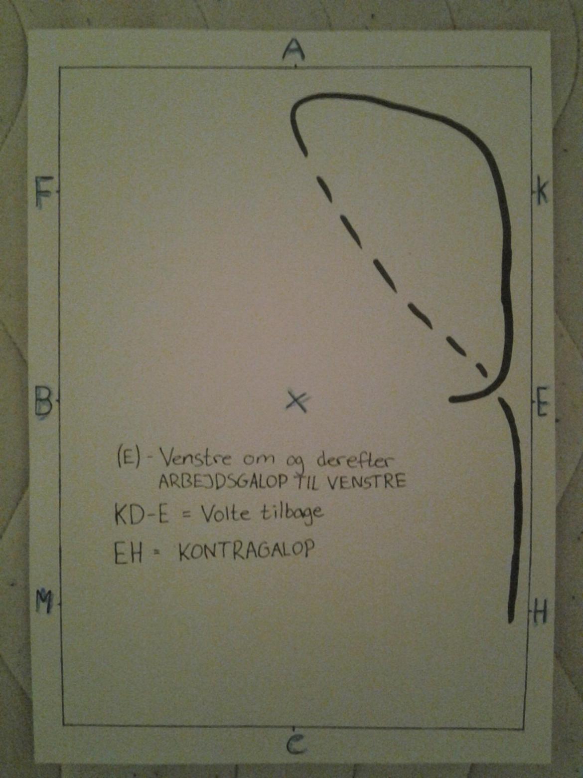 LA1 - B (tegning) - (E) - Venstre om og derefter arbejdsgalop til venstre
K-D-E  = Volte tilbage
E-H = Kontragalop billede 11
