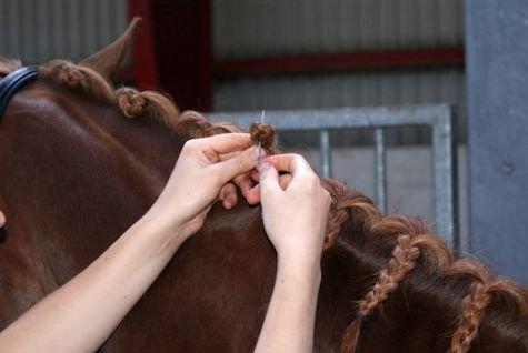 Lær at sy rosenknopper. - 1.
Brug en nål der ikke er alt for spids og en ekstra stærk tråd, Bjørne- eller Kineser-tråd. Så risikere man ikke, at tråden springer og det er heller ikke nødvendigt at ligge tråden dobbelt.
Bøj enden på fletningen og stik nålen igennem lige omkring elastikken, pas på ikke at trække tråden hele vejen igennem :O) ”kør” tråden omkring enden og stik nålen igennem fra samme side endnu engang, måske 3 gange i alt. billede 1