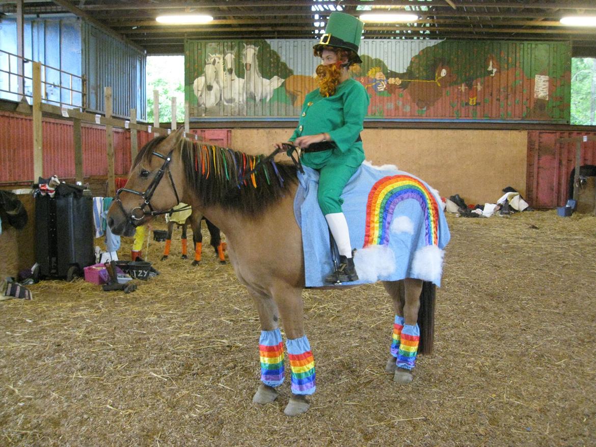 Kostumer jeg (og min lillesøster) har brugt gennem tiderne - Manden for enden af regnbuen. Der er brugt: grøn og lyse blå bomuldsstof, silkebånd i regnbuens farver, vat og pap til hatten. Nanna havde en krukke af papmache med chokolademønter i, men da hun startede på banen... billede 6