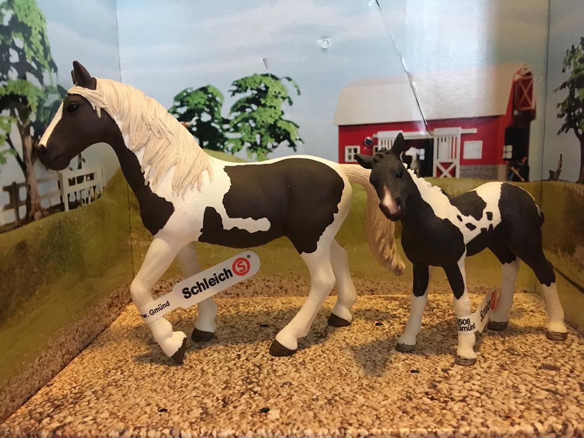 Mine Schleich Dyr - Navn: Mona Race: Pinto Køn: hoppe Alder: 14 år Navn: Hindbærgårdens Charlie Braun Køn: hingst Alder : 1 måned Stamtavle: Mor: Mona Far: Courage  billede 213