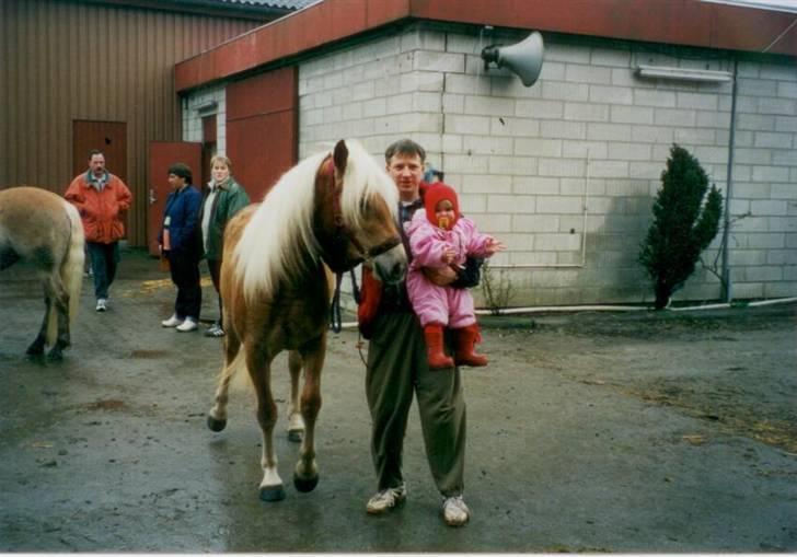 Tyroler Haflinger Morella - Nr. 4.  Jeg har kendt Morella hele mit liv.. Jo´ det er mig der sidder på min fars arm, i den lyserøde flyverdragt :b Her er vi vist til kåring med hende, som 3 årig, og jeg er 2 :D billede 4