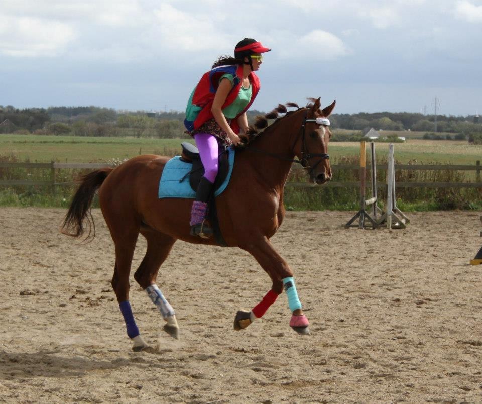Dansk Varmblod Ça va? - I 80'er kostume til åbent hus show springning i Rom Rideklub 2012 billede 1