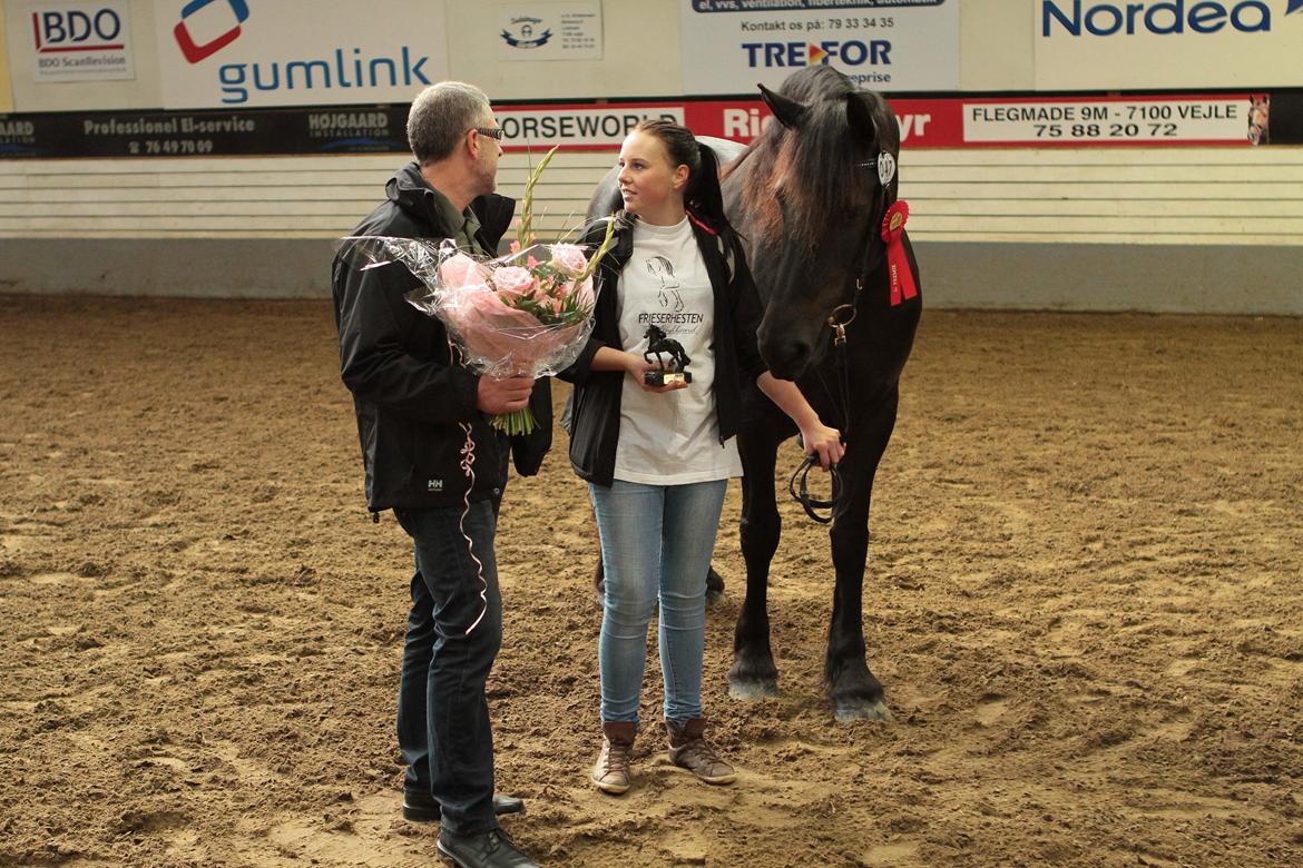 Frieser Mazandra von Inger-Marienlund, stb. STER - Mazandra som fløj-hoppe til kåring vest 2011.. Axel (ejeren) og Eline tar imod blomster ;-) Billedet er taget af Lfoto, - tak, Rene.. billede 3