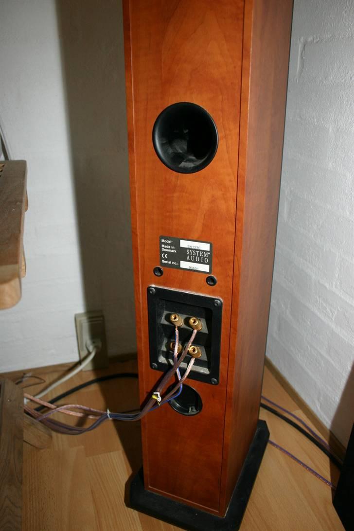 System Audio 1230 på besøg - Jeg kørte selvfølgelig højtaleren i Bi-wire, prøvede også men single-wire, men synes lyden var bedre i bi-wire.

den nederste sorte plet, det er en åbning ind til sand kammeret. hvis man fylder dette kammer op med sand, skulel man få en strammere bass... billede 7