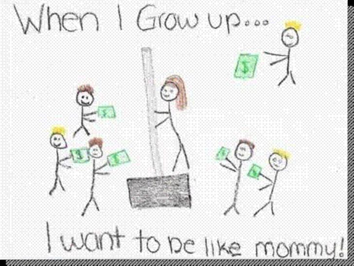 Diverse fjollerier - - Da moderen havde set sin datters tegning skrev hun følgende ord til lærerinden -

"Kære Klasselærer

Jeg ønsker at tydeliggøre noget omkring mit barns illustration. 

Dette er ikke en tegning af mig på et dansepodie i en stripklub.

Til daglig arbejder jeg i et byggecenter, og jeg havde fortalt min datter, hvor mange penge vi havde tjent i den seneste snestorm. 

Dette billede er altså mig, der sælger en sneskovl !!!" 


 billede 1