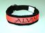 Halsbånd med tekst/navn - 
25mm sort webbing - 25mm d-ringe - sort fleece - orange pyntebånd - sort tråd til navn