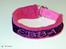 Halsbånd med tekst/navn - 
20mm pink webbing - 20mm d-ringe - pink fleece - lilla leopard pyntebånd - pink tråd til navn