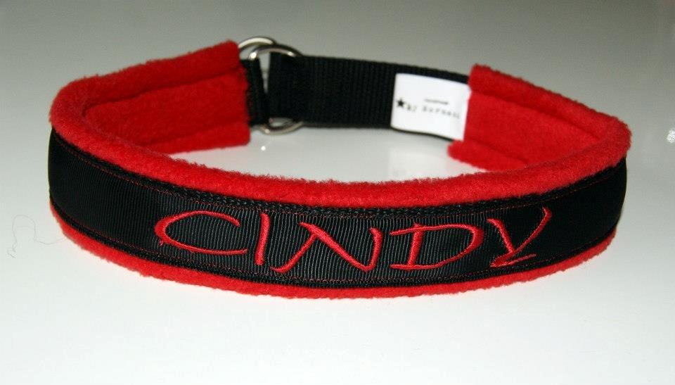 Halsbånd med tekst/navn - 25mm sort webbing - 25mm d-ringe - rød fleece - sort pyntebånd - rød skrift & syninger billede 5