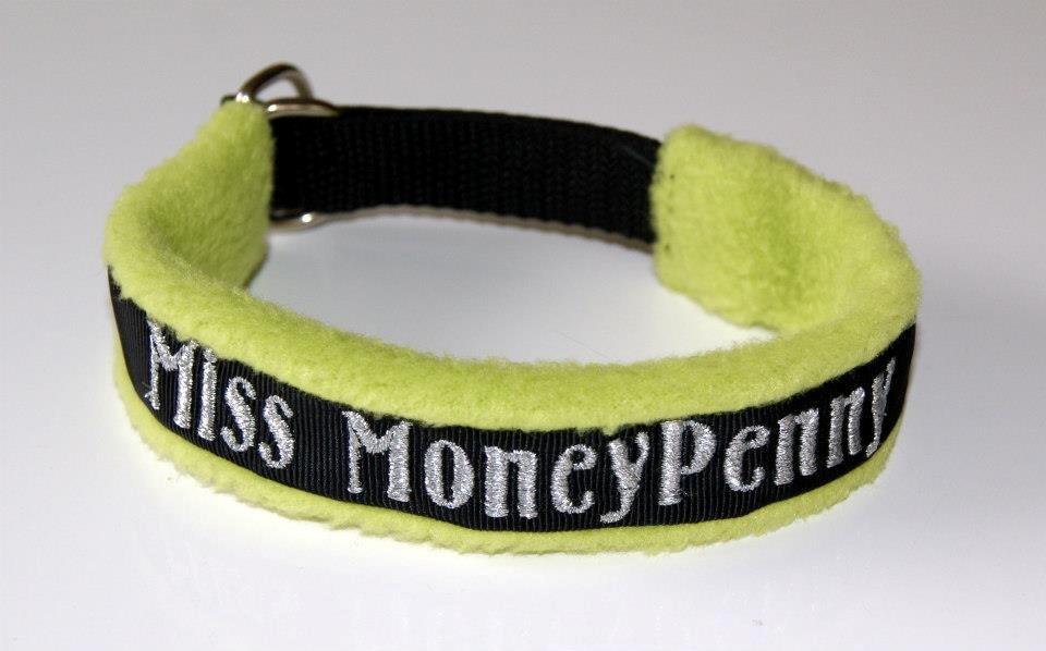 Halsbånd med tekst/navn - 
20mm sort webbing - 20mm d-ringe - lime fleece - sort bånd - sølvfarvet tråd til navn billede 9