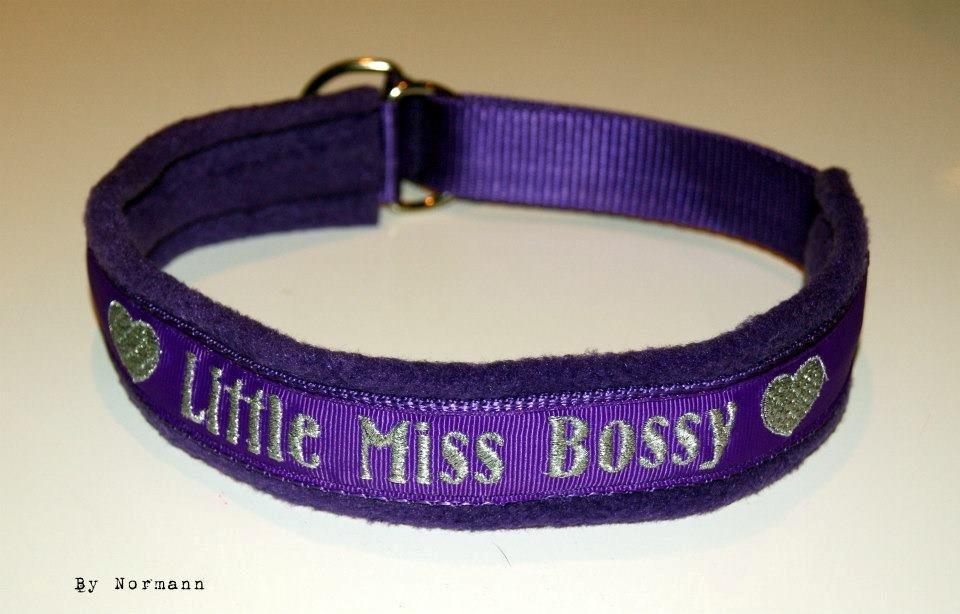 Halsbånd med tekst/navn - 25mm lilla webbing - 25mm d-ringe - lilla fleece - lilla pyntebånd - sølvtråd til tekst (Little Miss Bossy) samt til hjerterne billede 12