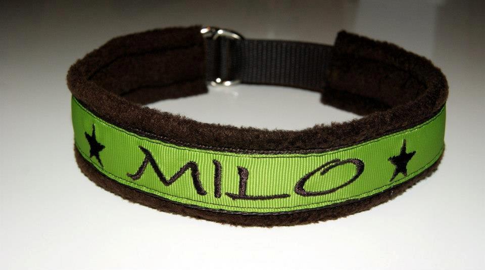 Halsbånd med tekst/navn - 
25mm brun webbing - 25mm d-ringe - brun fleece - kiwigrøn pyntebånd - brun skrift+stjerner billede 16