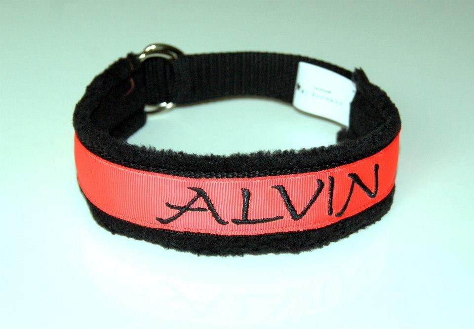 Halsbånd med tekst/navn - 
25mm sort webbing - 25mm d-ringe - sort fleece - orange pyntebånd - sort tråd til navn billede 21